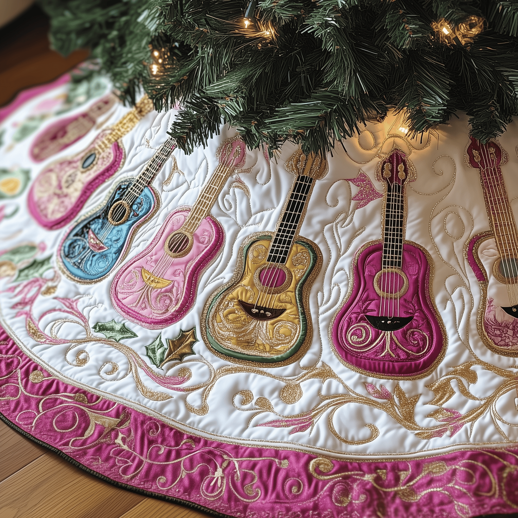 Festive Pinky Ukulele Quilted Tree Skirt Holiday Gift Merch