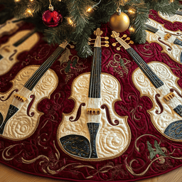 Festive Violins Quilted Tree Skirt Warm Gift Merch For Family