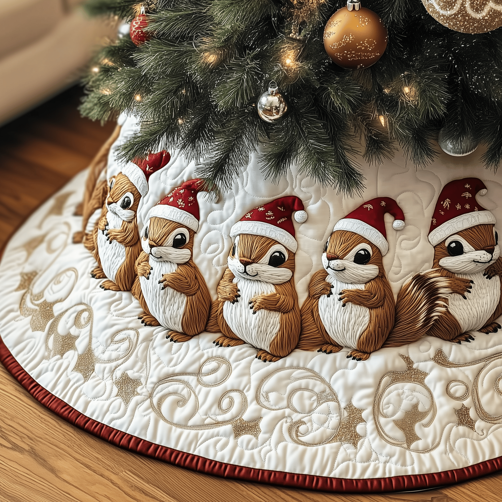 Festive Squirrel Quilted Tree Skirt Meaningful Anniversary Gift Merch