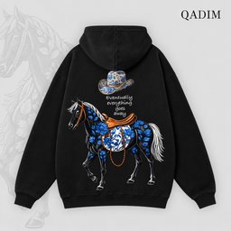 Safar hoodie in black – black horse with blue florals and cowboy hat back print, Arabic calligraphy streetwear by QADIM