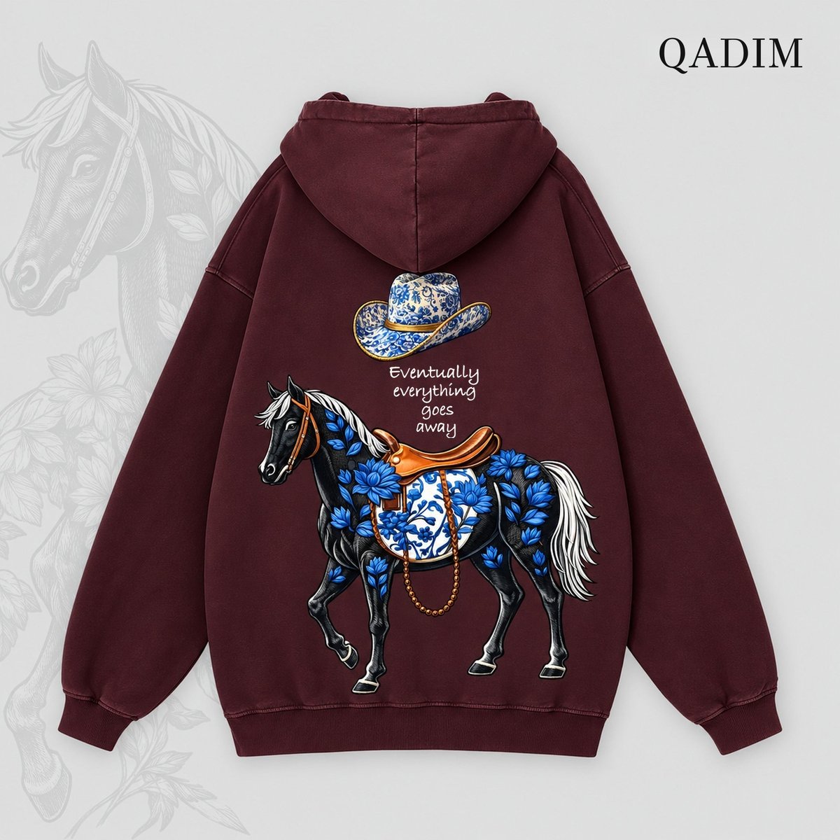 Safar hoodie in burgundy – black horse with blue florals and cowboy hat back print, Arabic calligraphy streetwear by QADIM