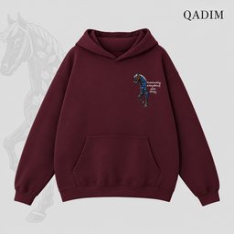 Safar hoodie in burgundy – black horse with blue florals and cowboy hat back print, Arabic calligraphy streetwear by QADIM