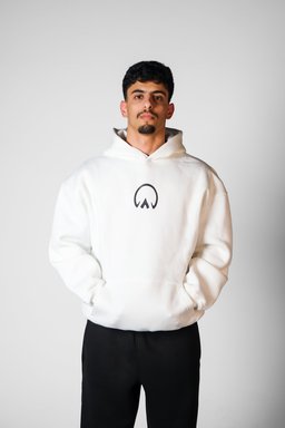 Asil hoodie in white worn by a model – Arabian horse in Arabic calligraphy print by QADIM
