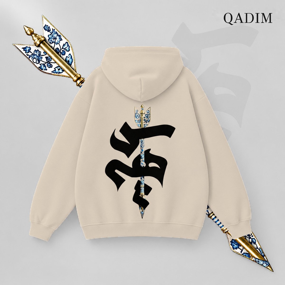 Sahm hoodie in beige – arrow in Arabic calligraphy back print, Arabic calligraphy streetwear by QADIM