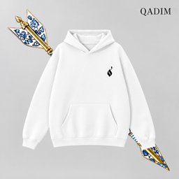 Sahm hoodie in white – front view with small QADIM chest emblem