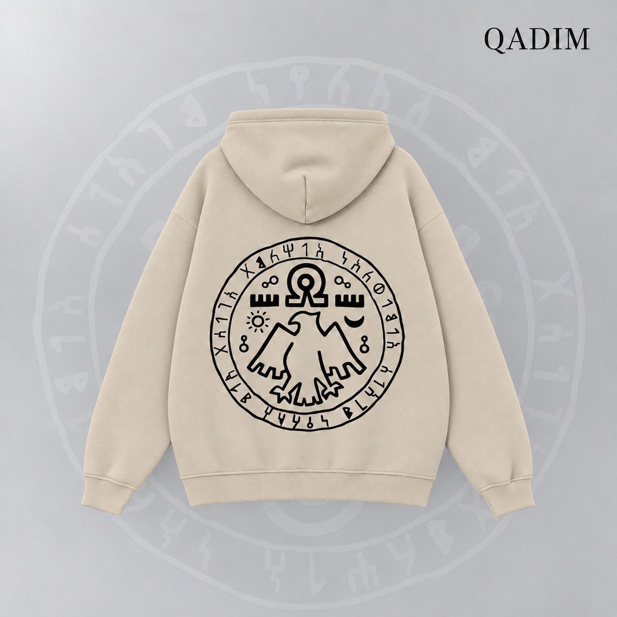7 Eagles hoodie in beige – seven eagles seal back print, Arabic calligraphy streetwear by QADIM