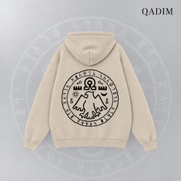 7 Eagles hoodie in beige – seven eagles seal back print, Arabic calligraphy streetwear by QADIM