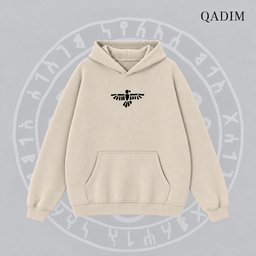 7 Eagles hoodie in beige – seven eagles seal back print, Arabic calligraphy streetwear by QADIM