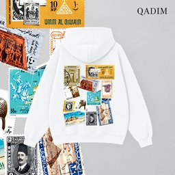 Tawabie hoodie in white – vintage Egyptian postage stamp collage back print, Arabic calligraphy streetwear by QADIM