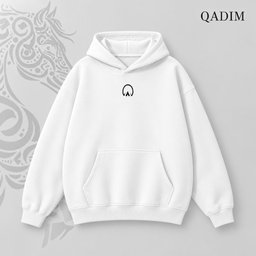 Jawad hoodie in white – stippled Arabic calligraphy horse back print, Arabic calligraphy streetwear by QADIM