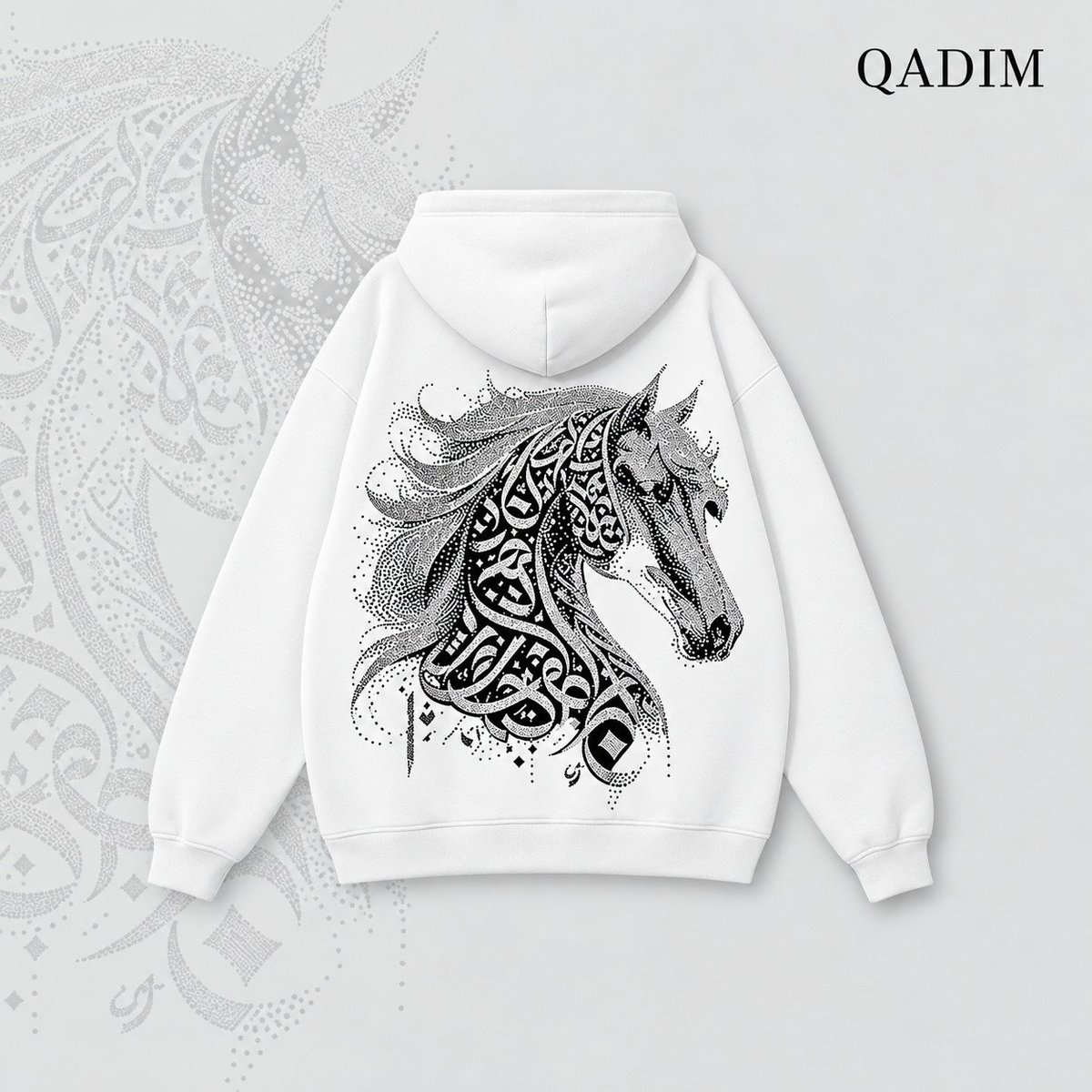 Jawad hoodie in white – stippled Arabic calligraphy horse back print, Arabic calligraphy streetwear by QADIM
