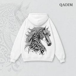 Jawad hoodie in white – stippled Arabic calligraphy horse back print, Arabic calligraphy streetwear by QADIM