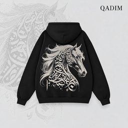 Jawad hoodie in black – stippled Arabic calligraphy horse back print, Arabic calligraphy streetwear by QADIM