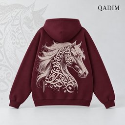 Jawad hoodie in burgundy – stippled Arabic calligraphy horse back print, Arabic calligraphy streetwear by QADIM