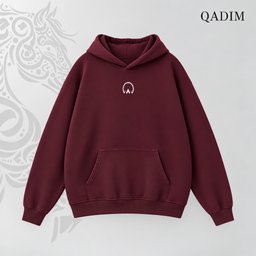 Jawad hoodie in burgundy – front view with small QADIM chest emblem
