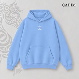 Jawad hoodie in baby blue – front view with small QADIM chest emblem