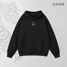 Asil hoodie in black – front view with small QADIM chest emblem