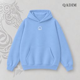 Asil hoodie in baby blue – front view with small QADIM chest emblem