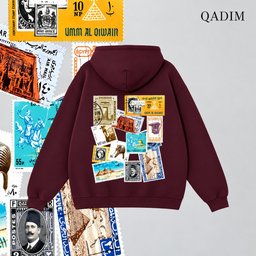 Tawabie hoodie in burgundy – vintage Egyptian postage stamp collage back print, Arabic calligraphy streetwear by QADIM