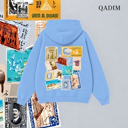 Tawabie hoodie in baby blue – vintage Egyptian postage stamp collage back print, Arabic calligraphy streetwear by QADIM