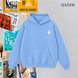 Tawabie hoodie in baby blue – front view with small QADIM chest emblem