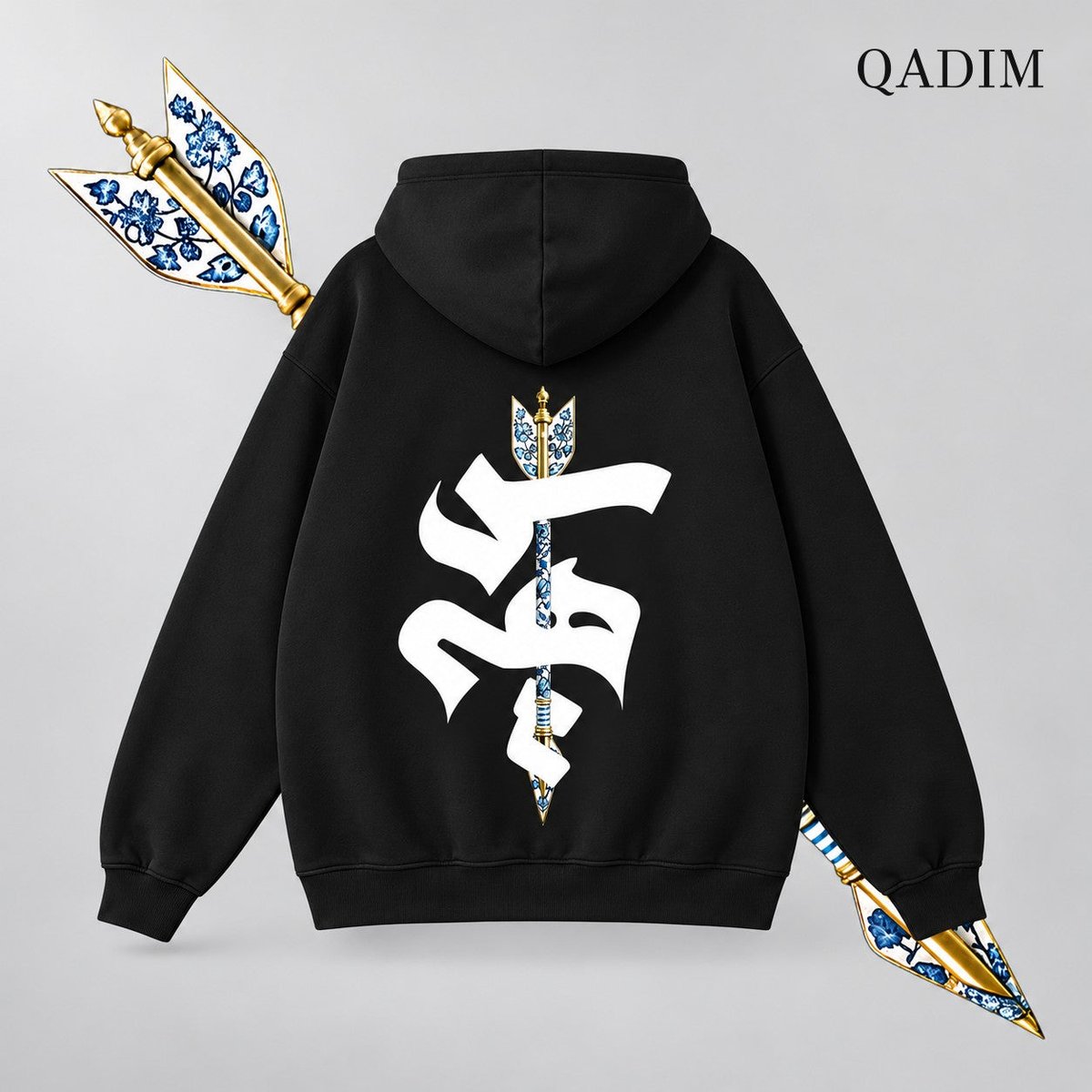 Sahm hoodie in black – arrow in Arabic calligraphy back print, Arabic calligraphy streetwear by QADIM