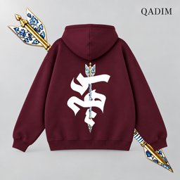Sahm hoodie in burgundy – arrow in Arabic calligraphy back print, Arabic calligraphy streetwear by QADIM