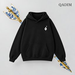 Sahm hoodie in black – front view with small QADIM chest emblem