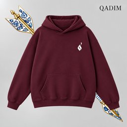 Sahm hoodie in burgundy – front view with small QADIM chest emblem