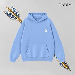 Sahm hoodie in baby blue – front view with small QADIM chest emblem