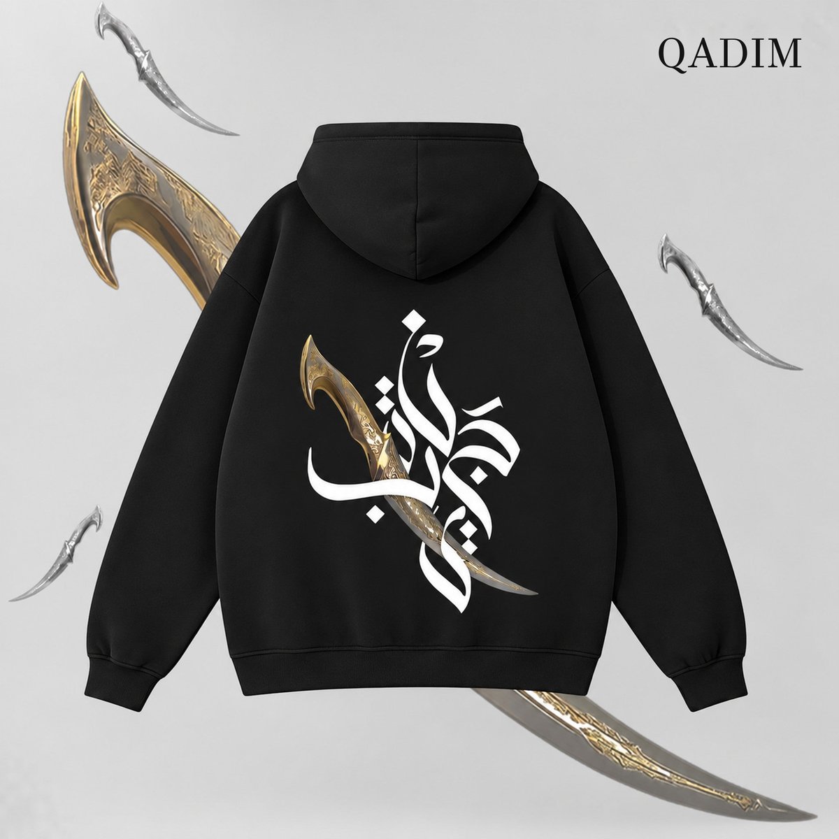 Jambiya hoodie in black – jambiya dagger with Arabic calligraphy back print, Arabic calligraphy streetwear by QADIM