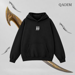 Jambiya hoodie in black – front view with small QADIM chest emblem