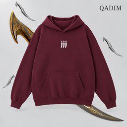 Jambiya hoodie in burgundy – front view with small QADIM chest emblem