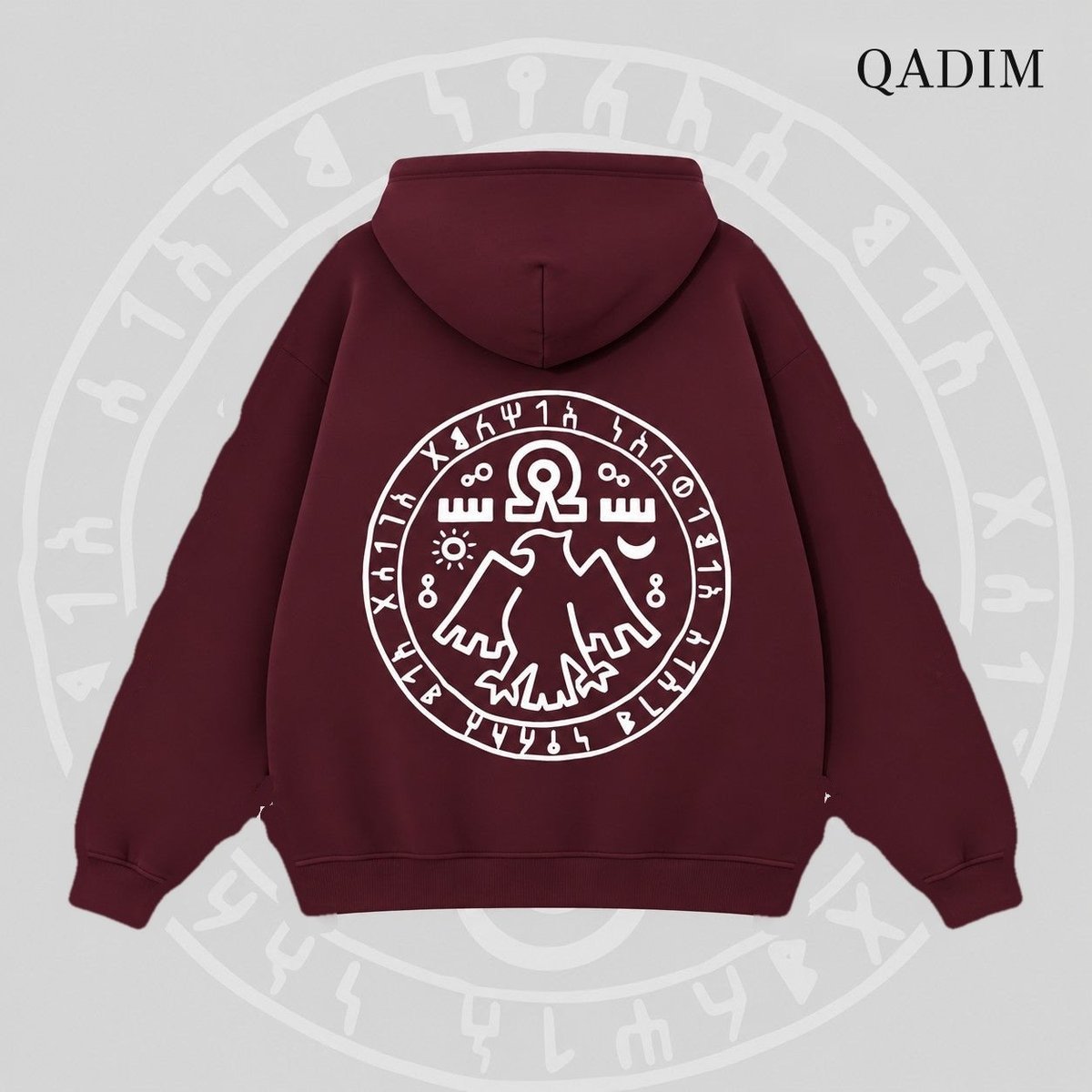 7 Eagles hoodie in burgundy – seven eagles seal back print, Arabic calligraphy streetwear by QADIM