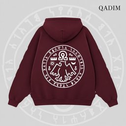 7 Eagles hoodie in burgundy – seven eagles seal back print, Arabic calligraphy streetwear by QADIM