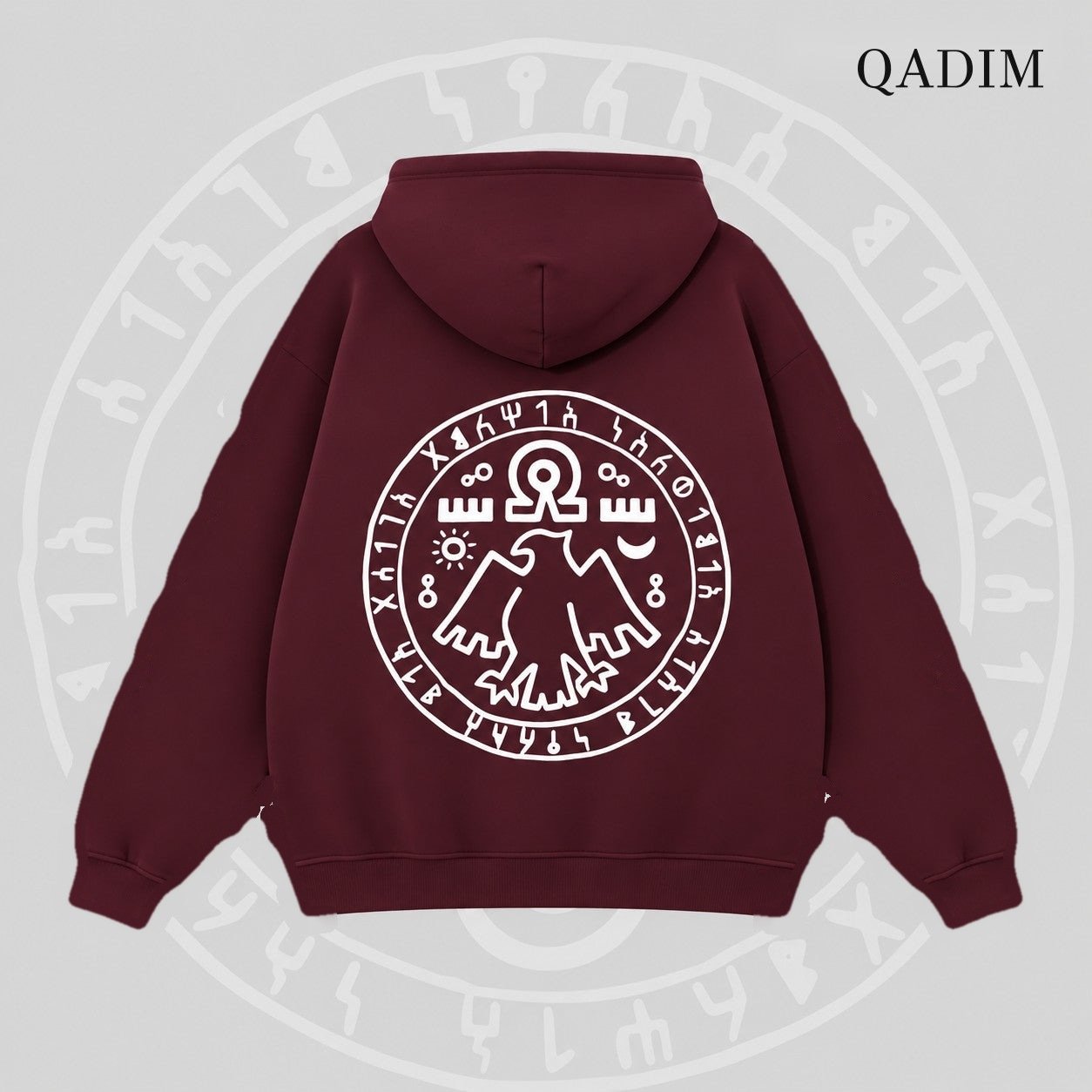 7 Eagles hoodie in burgundy – seven eagles seal back print, Arabic calligraphy streetwear by QADIM