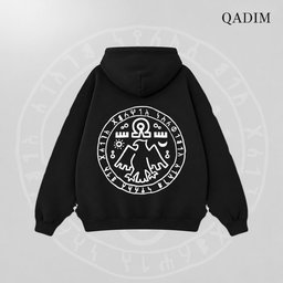 7 Eagles hoodie in black – seven eagles seal back print, Arabic calligraphy streetwear by QADIM