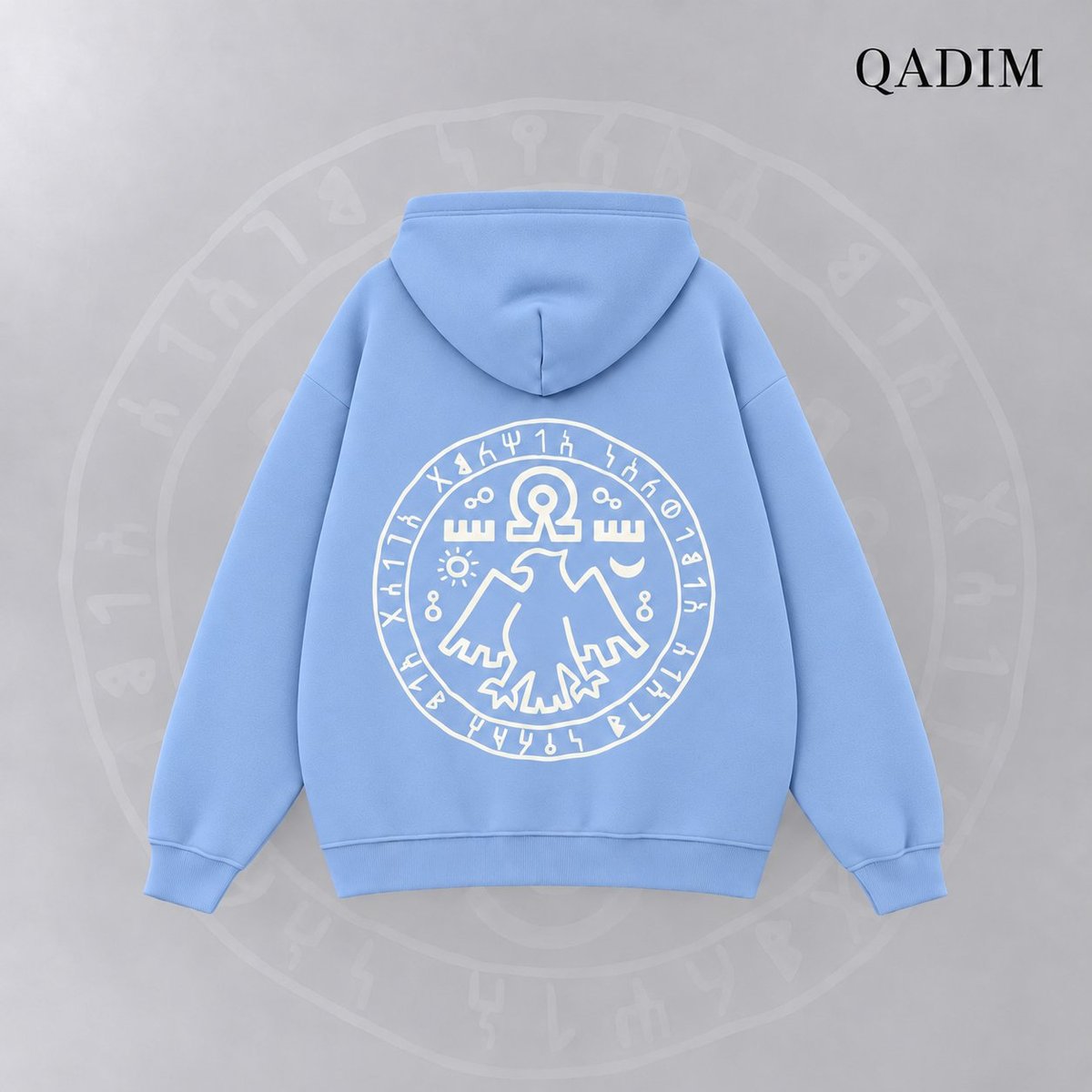 7 Eagles hoodie in baby blue – seven eagles seal back print, Arabic calligraphy streetwear by QADIM