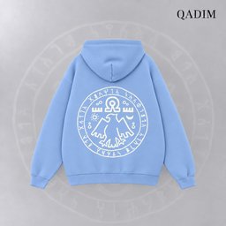 7 Eagles hoodie in baby blue – seven eagles seal back print, Arabic calligraphy streetwear by QADIM