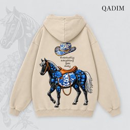 Safar hoodie in beige – black horse with blue florals and cowboy hat back print, Arabic calligraphy streetwear by QADIM