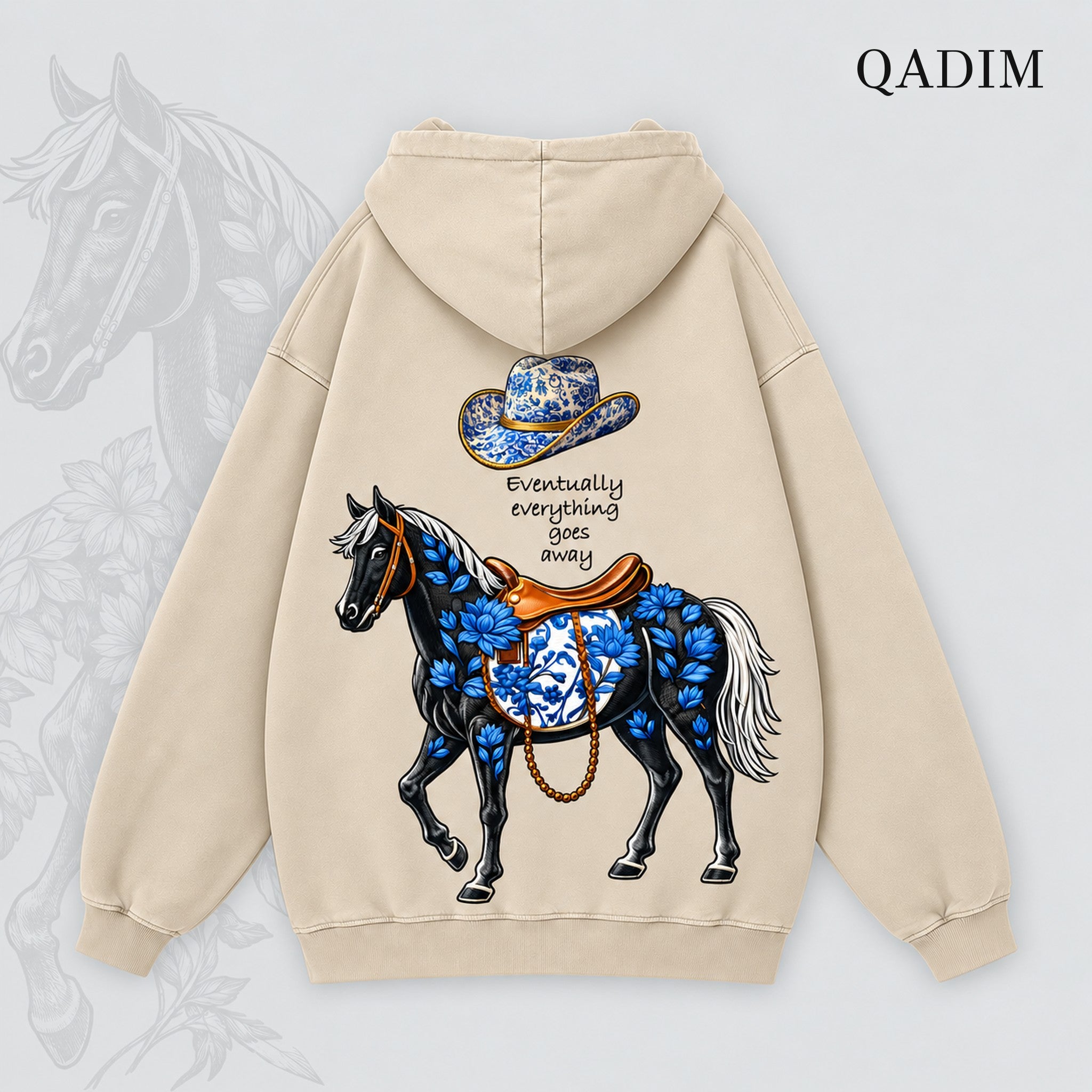 Safar hoodie in beige – black horse with blue florals and cowboy hat back print, Arabic calligraphy streetwear by QADIM
