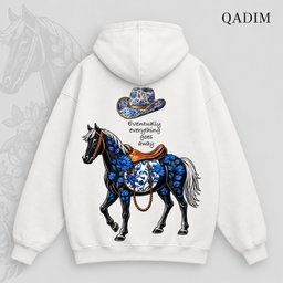 Safar hoodie in white – black horse with blue florals and cowboy hat back print, Arabic calligraphy streetwear by QADIM