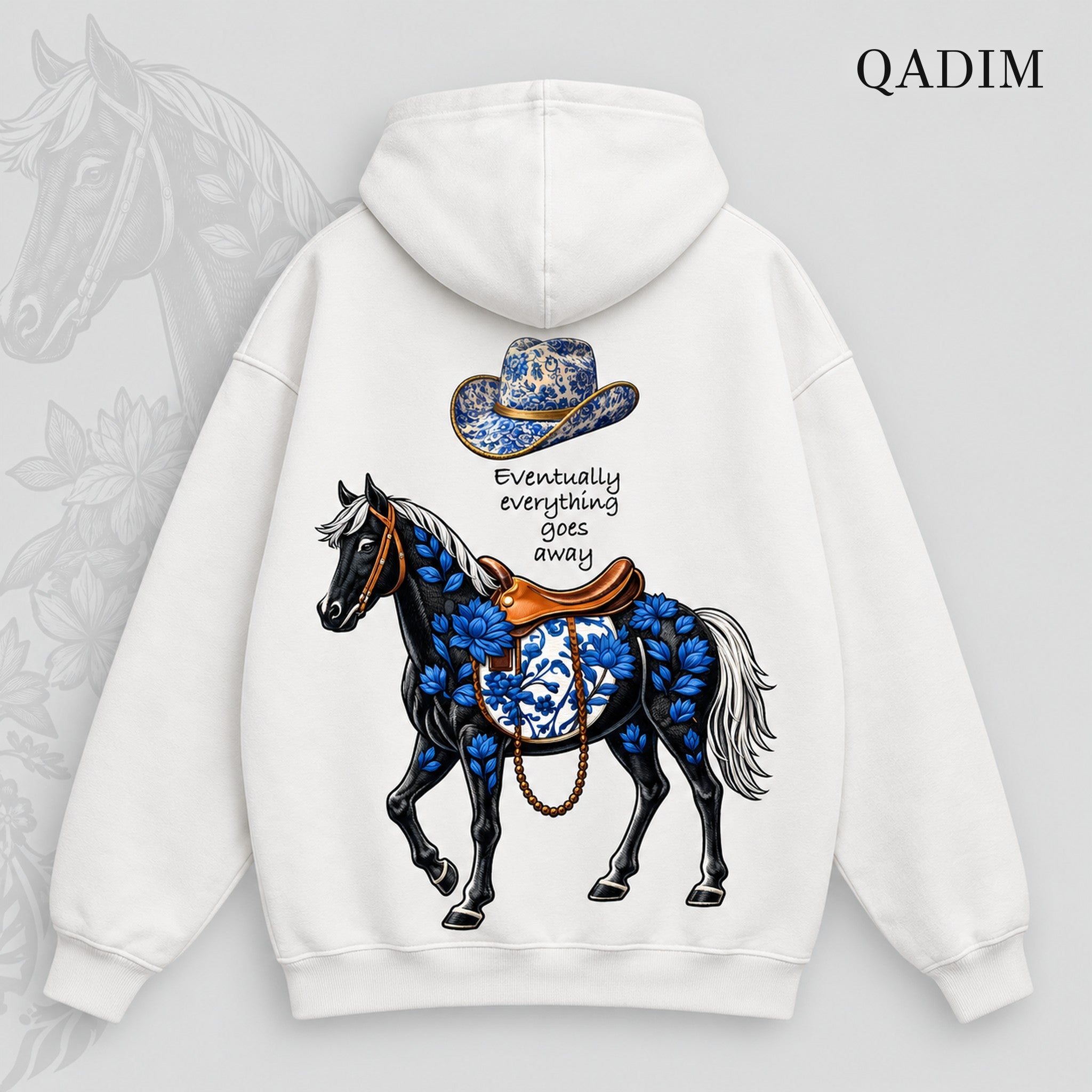 Safar hoodie in white – black horse with blue florals and cowboy hat back print, Arabic calligraphy streetwear by QADIM