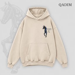 Safar hoodie in beige – front view with small QADIM chest emblem