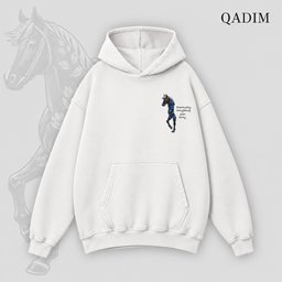 Safar hoodie in white – front view with small QADIM chest emblem
