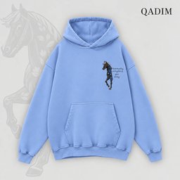 Safar hoodie in baby blue – front view with small QADIM chest emblem
