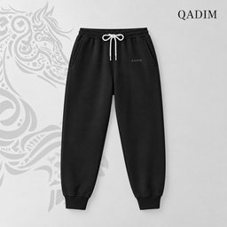 Black QADIM sweatpants, front, with a tiny QADIM wordmark on the left hip