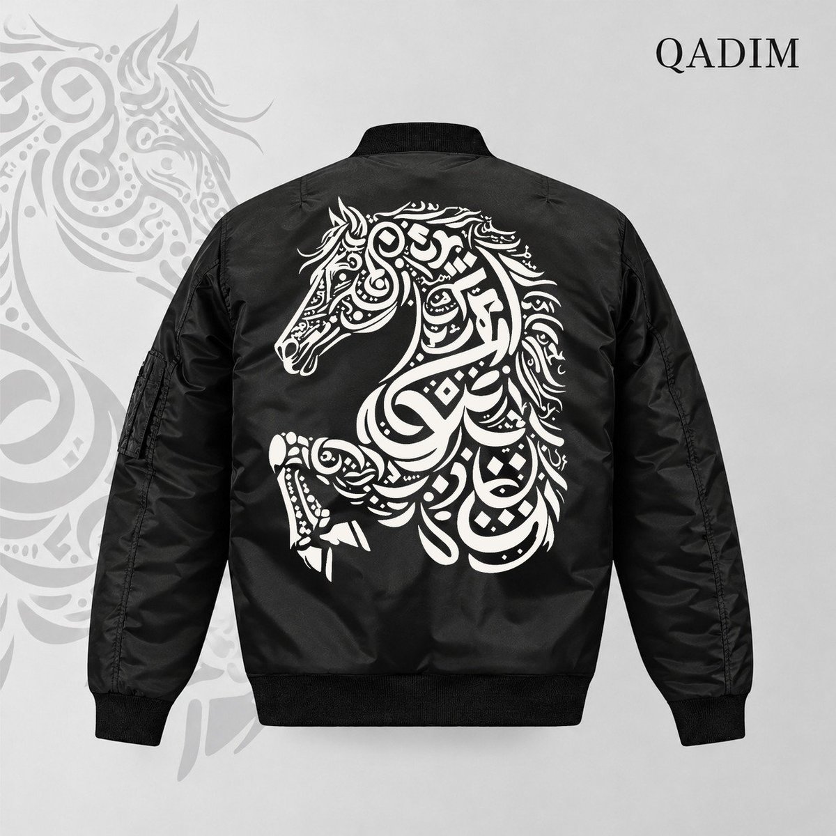Asil bomber jacket, back, with the white Arabic calligraphy horse print