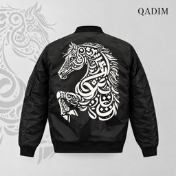 Asil bomber jacket, back, with the white Arabic calligraphy horse print
