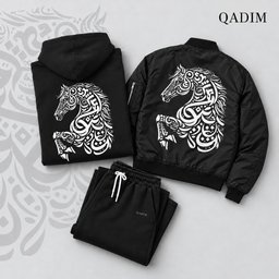 Asil hoodie, Asil bomber jacket and QADIM sweatpants laid out together